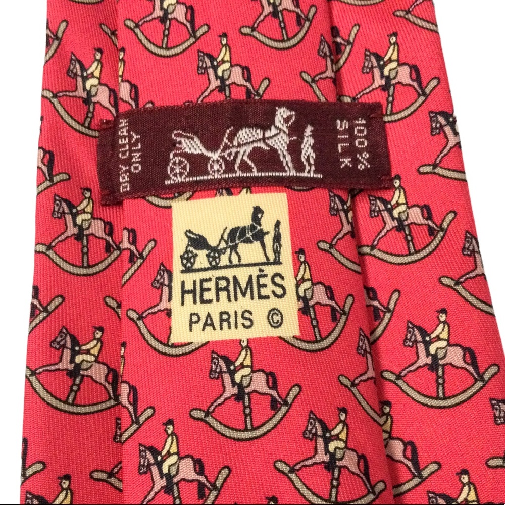 HERMES Silk Tie Horse with Rider Red & Tan Luxury Parisian Excellent Condition - Picture 1 of 9